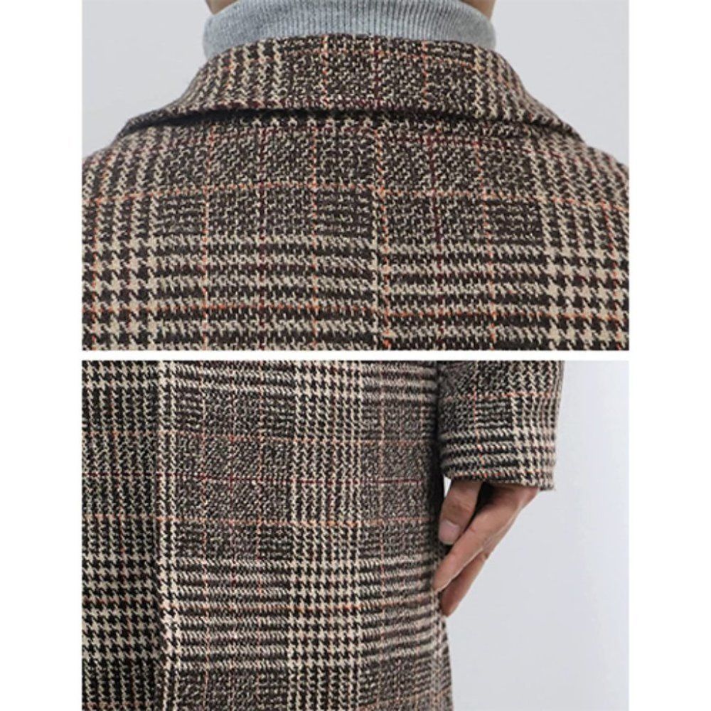 CLAU'S Plaid Long Trench Coat for Men Khaki - Picture 6 of 6
